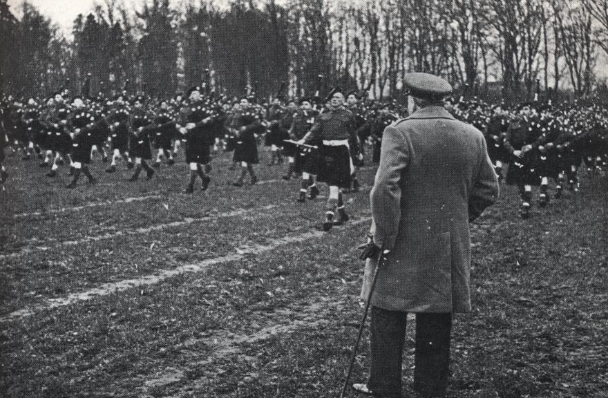 Winston Churchill watching the 51st Division massed pipe bands, 5th March 1945